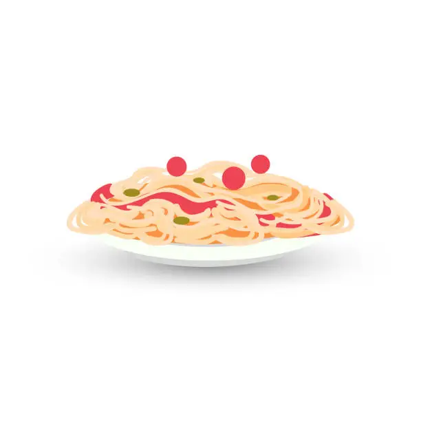 Vector illustration of heaped plate of delicious spaghetti carbonara pasta restaurant food menu concept traditional italian dish flat isolated