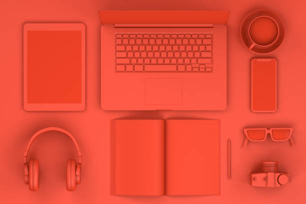 istock Top view of red workplace with Laptop and Smart Phone Technology Concept. 1124347397