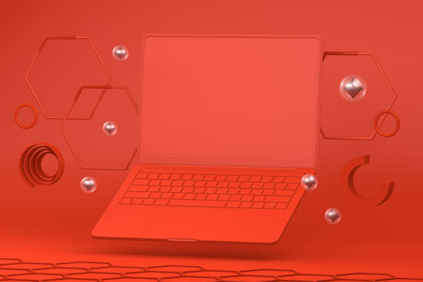 istock Abstract Empty Notebook Screen with Geometric Shapes, Minimal Design Concept, Red Background 1124347481