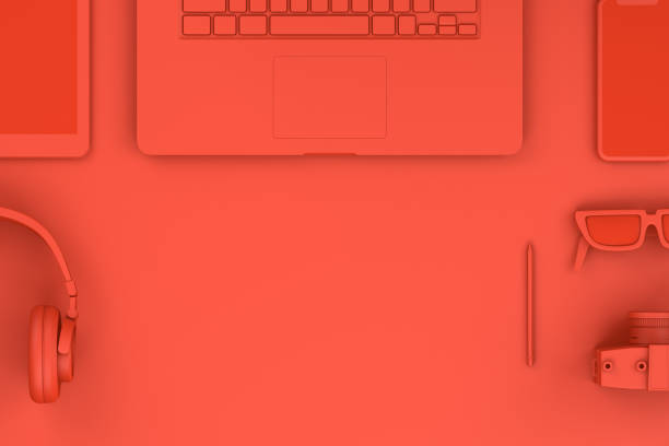 istock Top view of red workplace with Laptop and Smart Phone Technology Concept. 1124347953