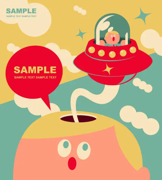 Vector illustration of Bizarre small cute office worker flying UFO from giant man open head