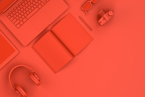 3D Rendering Red Color Workplace, Technology Concept, Red Background. Flat Lay, top view.
