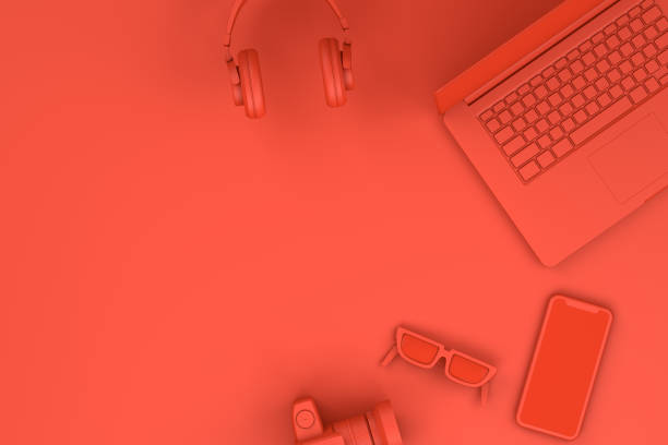 istock Top view of red workplace with Laptop and Smart Phone Technology Concept. 1124348353