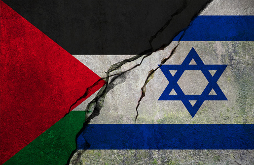 Israeli-Palestinian conflict. Israel flag and Palestine flag.