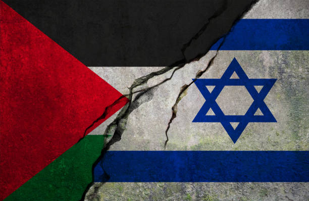 Palestinian and Israeli flag, conflict concept stock photo