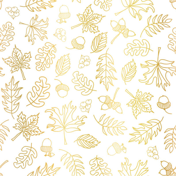 золотая фольга осень оставляет бесшовный векторный фон. золотые абстрактные формы осеннего листа на белом фоне. элегантный, роскошный узор - scrap booking stock illustrations