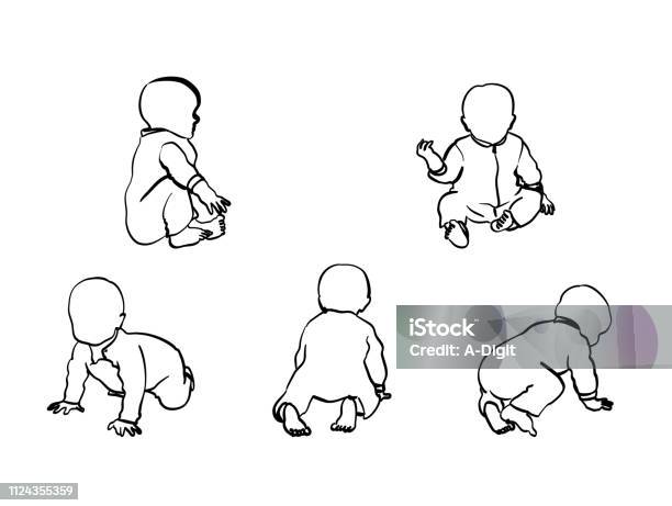 Baby Boy Crawl And Sit Stock Illustration - Download Image Now - Baby - Human Age, Drawing - Art Product, Line Art