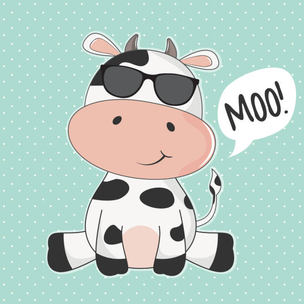 illustrazioni stock, clip art, cartoni animati e icone di tendenza di biglietto d'auguri simpatica mucca con occhiali da sole e scritta moo. - farm animal cartoon cow