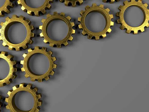 istock Golden metallic gear wheels on grey background with reflection, close-up. 3D rendering, 3D illustration. 1124360012