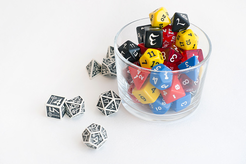Dices for board, taletop or rpg games. Hobby. Dice for fantasy games.