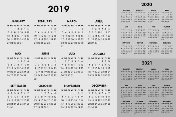 Vector calendar for 2019 2020 2021 year. Week starts sunday Calendar for 2019 2020 2021 year isolated on a white background. Week starts sunday. Vector design template 2019 stock illustrations