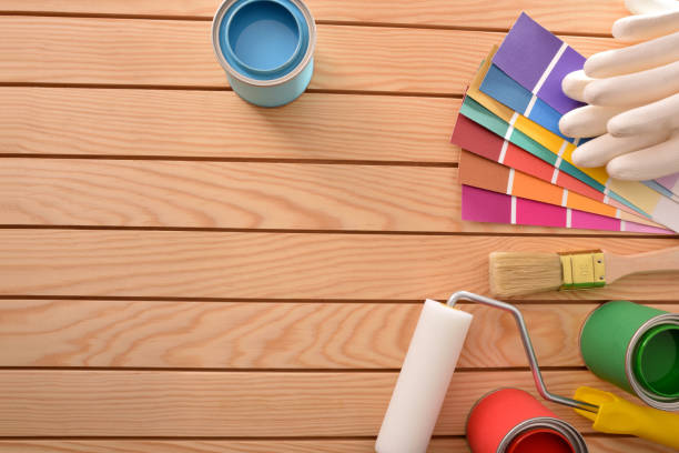 istock Background of tools to paint and do diy at home 1124381759