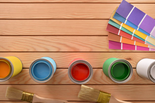 istock Paint for wood and color palette top view 1124381778