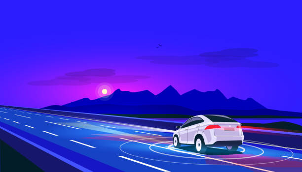 intelligente autonome fahrerlose elektroauto fahren auf straße in der nacht mit berglandschaft - scenics highway road backgrounds stock-grafiken, -clipart, -cartoons und -symbole