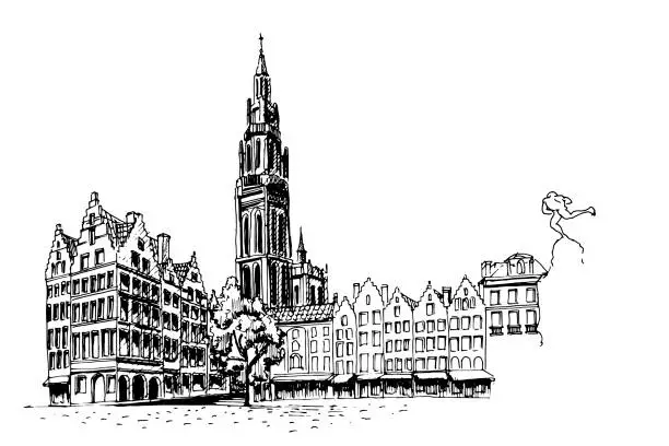 Vector illustration of Grote Markt square in Antwerpen, Belgium.