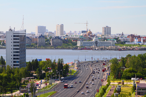 Thoroughfare and city on river. Kazan, Tatarstan, Russia