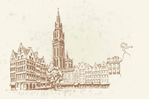 Vector illustration of Grote Markt square in Antwerpen, Belgium.