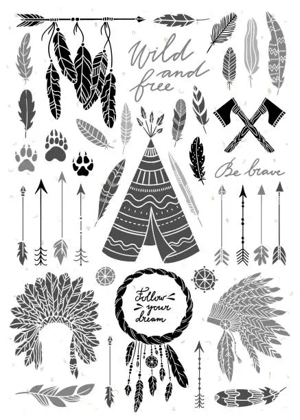 Vector illustration of Boho style free spirit vector illustrations. Indian culture graphics and ethnic elements