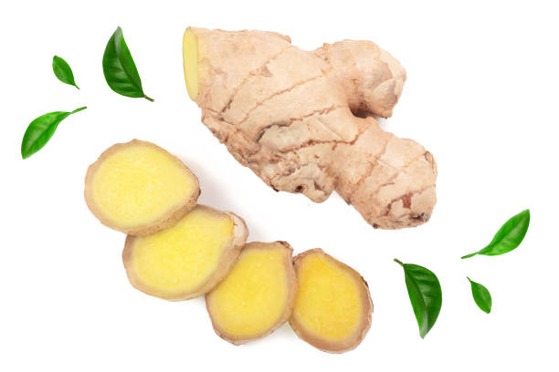 istock fresh Ginger root and slice isolated on white background. Top view. Flat lay 1124385916