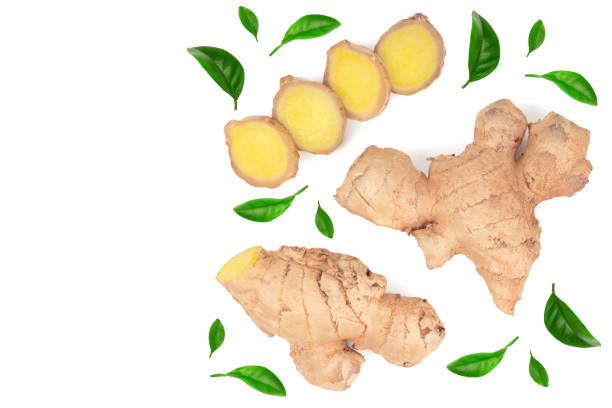 istock fresh Ginger root and slice isolated on white background with copy space for your text. Top view. Flat lay 1124385942