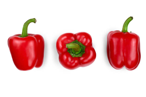 istock red sweet bell pepper isolated on white background. Top view. Flat lay 1124385962