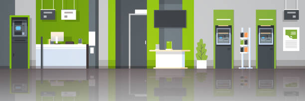 ATM money automatic teller machine cash desk workplace self service payment terminals financial operations concept banking equipment modern bank interior horizontal flat ATM money automatic teller machine cash desk workplace self service payment terminals financial operations concept banking equipment modern bank interior horizontal flat vector illustration exchange teller stock illustrations