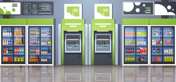 ATM cash automatic teller machine payment terminal beverages freezer glass door supermarket equipment concept modern store interior horizontal banner flat ATM cash automatic teller machine payment terminal beverages freezer glass door supermarket equipment concept modern store interior horizontal banner flat vector illustration exchange teller stock illustrations
