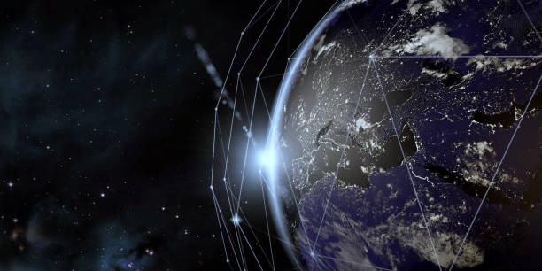 earth-ansicht aus dem weltraum mit globalen kommunikationsnetzes - global finance globe global communications map stock-fotos und bilder