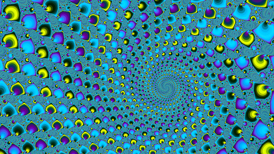 This fractal image render displays all the splendour of a peacock's tail in a spiral pattern. Prominent colours are yellow, aquamarine and blue.