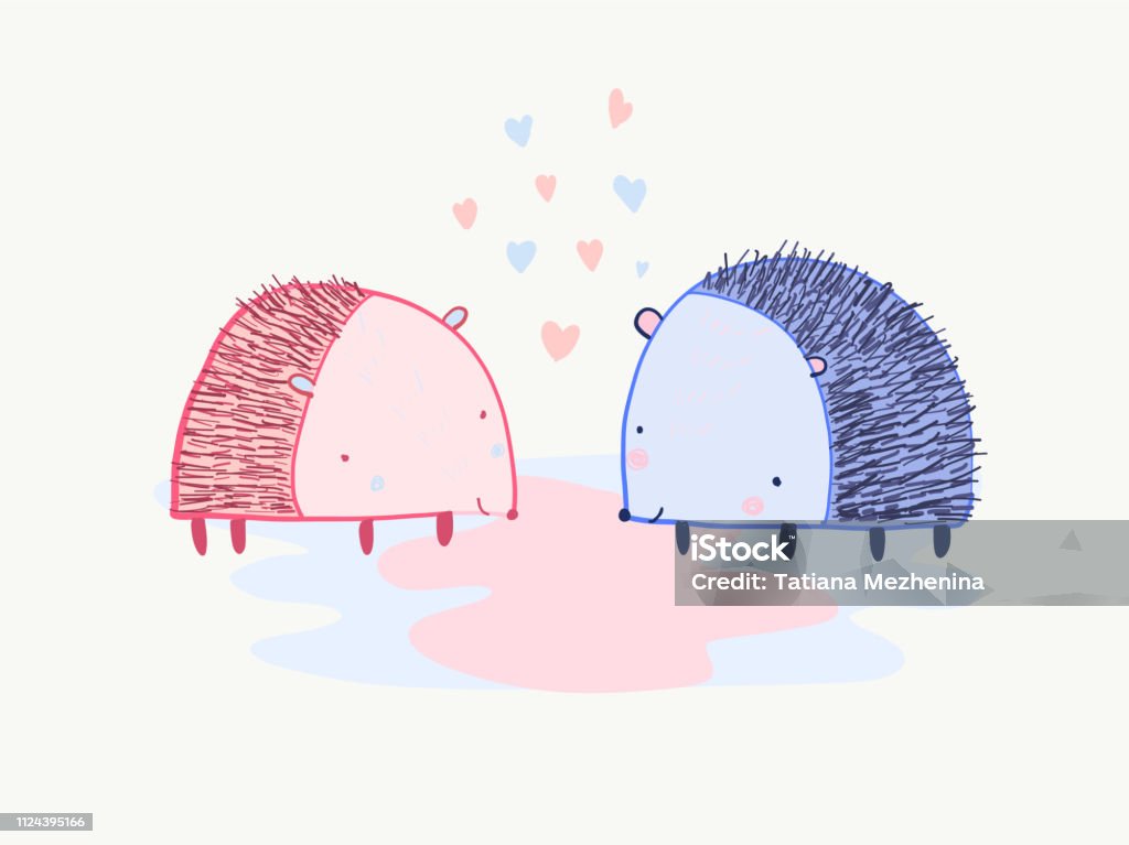 Cute cartoon Valentines card with two hedgehogs Cute cartoon St. Valentines greeting card with pink and blue hedgehog and hearts. Lovely childish hand drawn vector print with funny hedgehogs standing together Animal stock vector