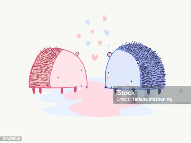 Cute Cartoon Valentines Card With Two Hedgehogs Stock Illustration - Download Image Now - Animal, Animals In The Wild, Art