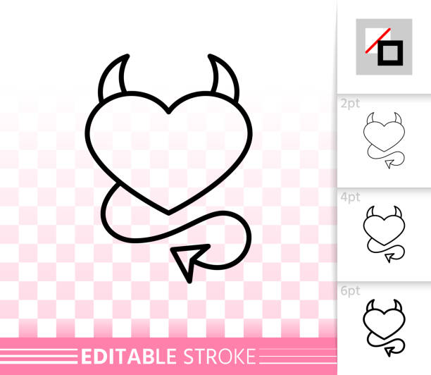 Heart devil love simple black line vector icon Heart devil thin line icon. Outline web sign of love. Fun linear pictogram with different stroke width. Simple vector symbol, transparent background. February 14 card editable stroke icon without fill devils horn stock illustrations