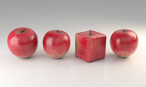 Cube Shaped Apple Cube shaped apple between the normal apples. Can be used standing out from the crowd concept. ( 3d render ) innovation individuality standing out from the crowd contrasts stock pictures, royalty-free photos & images