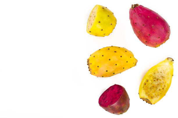 istock red end yellow prickly pear or opuntia isolated on a white background with copy space for your text. Top view. Flat lay 1124399197