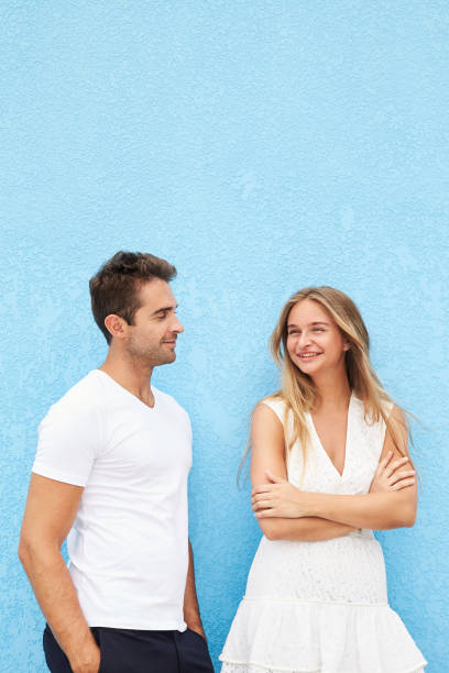 istock Happy couple on blue 1124400686
