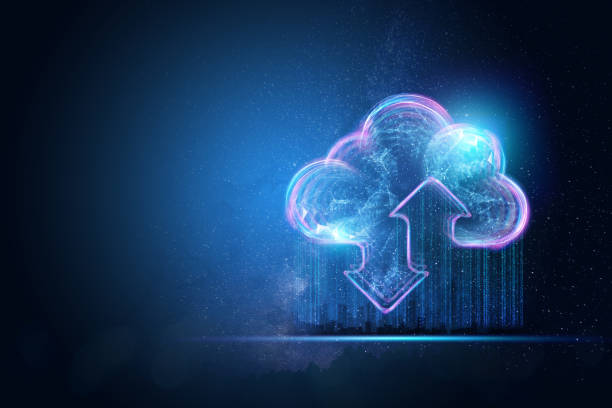 創意背景, 雲全息圖的圖像, 藍色背景。雲技術的概念, 雲存儲, 新一代的網路。混合媒體。 - 雲端運算 個照片及圖片檔