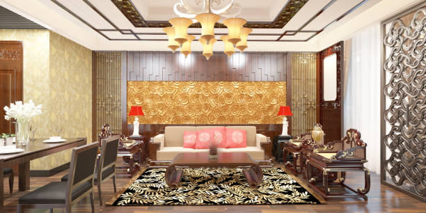 Chinese style designed living room interior at night. (3d render)