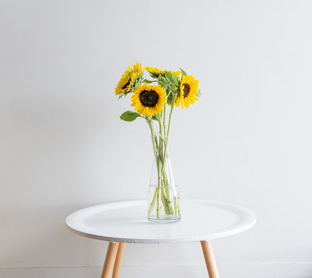 Sunflowers in glass vase on small white round table against neutral wall background
