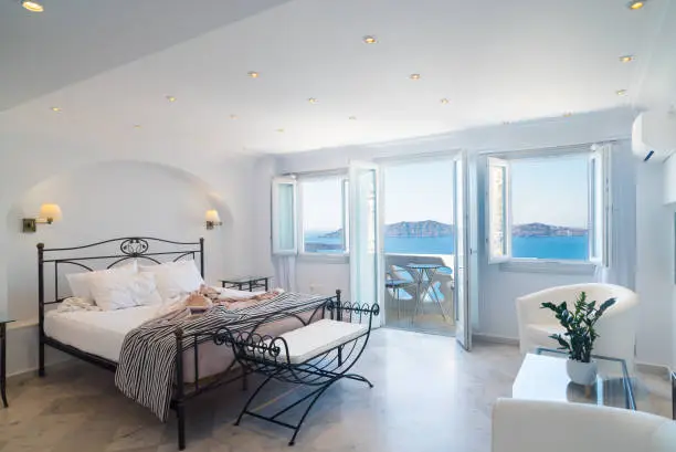 Photo of regional luxury houses, bedroom on greec island of santorini