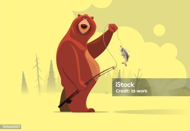 Happy Bear Catching Fish Stock Illustration - Download Image Now - Bear, Cartoon, Animal