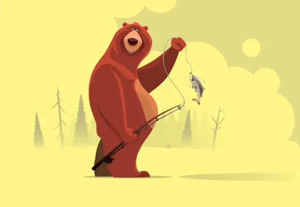 Vector illustration of happy bear catching fish