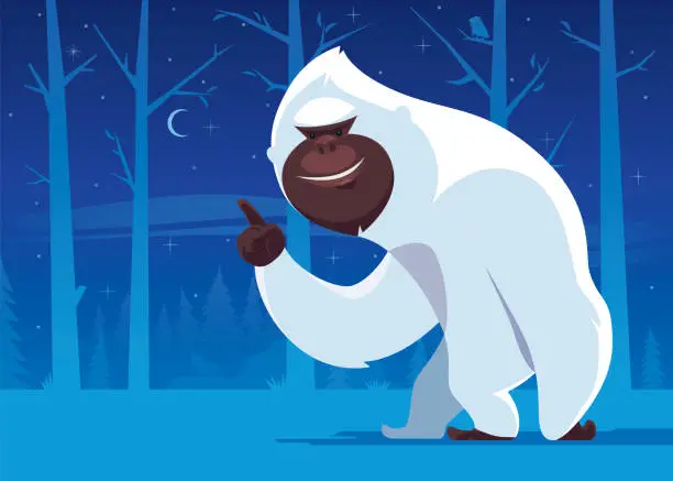 Vector illustration of yeti pointing the crescent moon