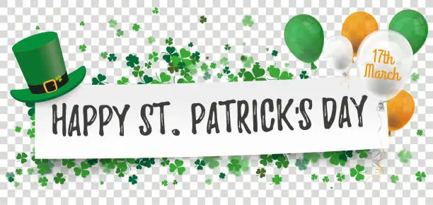 Vector illustration of Happy St Patricks Day Paper Banner Hat Shamrocks Balloons Transparent