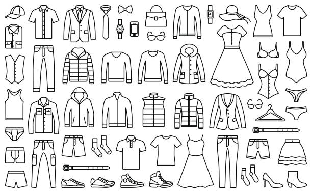 Woman and man clothes Woman and man clothes and accessories collection - fashion wardrobe - vector icon outline illustration fashion illustration stock illustrations