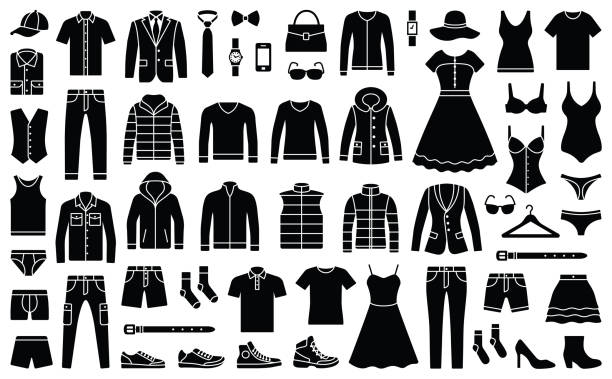 Woman and man clothes Woman and man clothes and accessories collection - fashion wardrobe - vector icon silhouette illustration dress illustrations stock illustrations