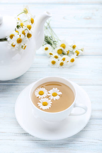 istock Cup of tea with chamomile flowers on wooden table 1124408973