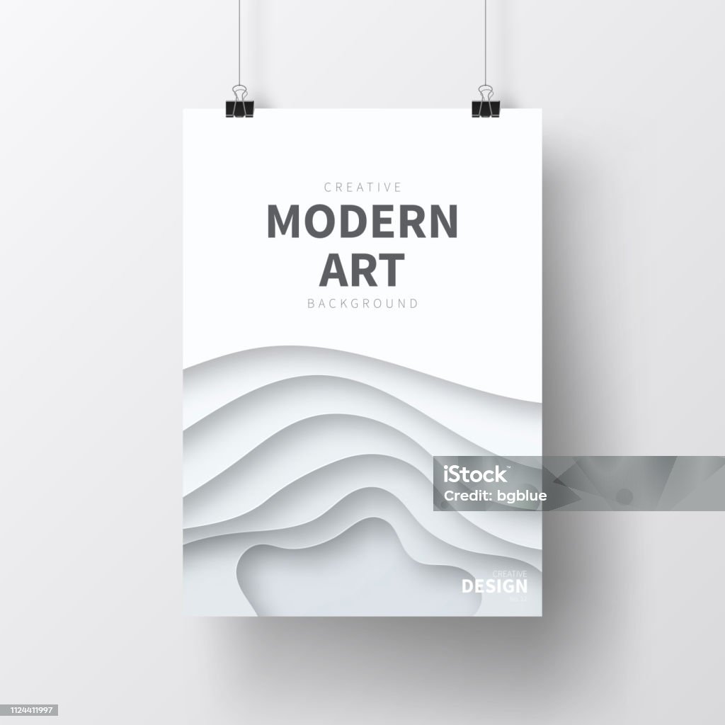 Poster with paper cut design, isolated on white background Realistic poster in vertical position with an modern and trendy background (Abstract design with wave shapes in a paper cut style - grey, white), isolated on white wall. Template for your design. With space for your text and your background. The layers are named to facilitate your customization. Vector Illustration (EPS10, well layered and grouped). Easy to edit, manipulate, resize or colorize. Please do not hesitate to contact me if you have any questions, or need to customise the illustration. http://www.istockphoto.com/portfolio/bgblue Exhibition stock vector