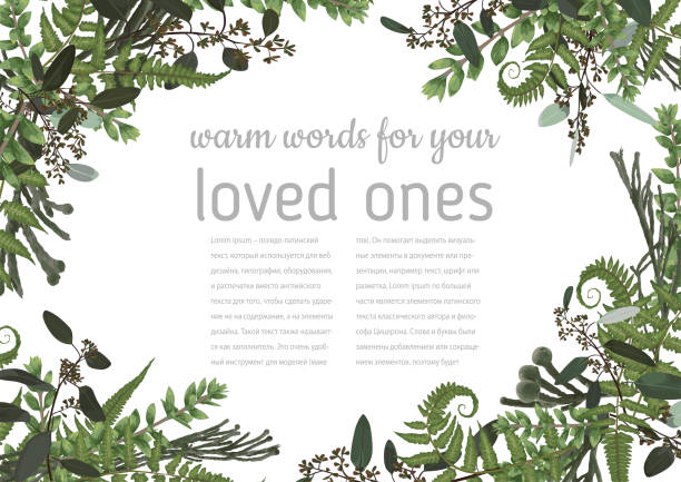 zaproszenie ślubne, piękna kartka z życzeniami, wektorowy akwarela banner. rama kątowa z zielonymi liśćmi eukaliptusa, brunia, bukszpanem, różaną i leśną paprocią odizolowaną - fern forest tree area vector stock illustrations