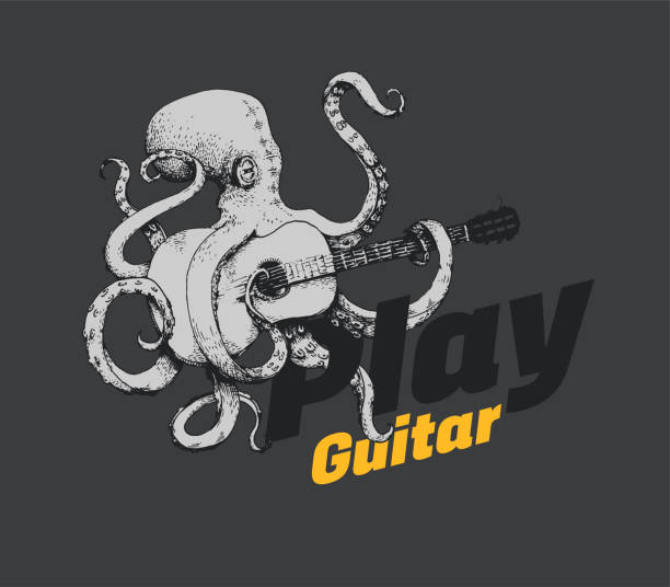 Black and white octopus playing guitar, hand drawn, vintage vector illustration. Hipster sea animal sticker, modern drawing with yellow text. Illustration for restaurant menu. Cool design, guitar solo vector art illustration