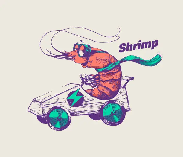 Vector illustration of Hipster shrimp is riding an electric go cart vector illustration. Hand drawn racer crab wearing goggles and scarf racing with fast car. Line art design for posters and cool stickers.